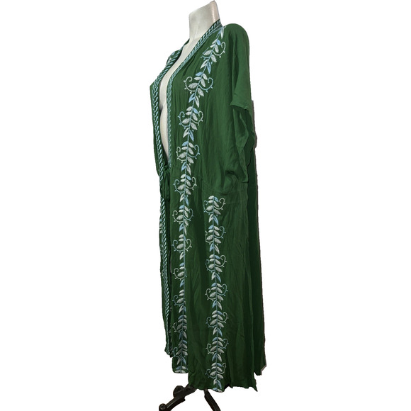 New Curations Top Size P2X Green Embroidered Tie Waist Kimono Caftan Duster NWT - Picture 3 of 9